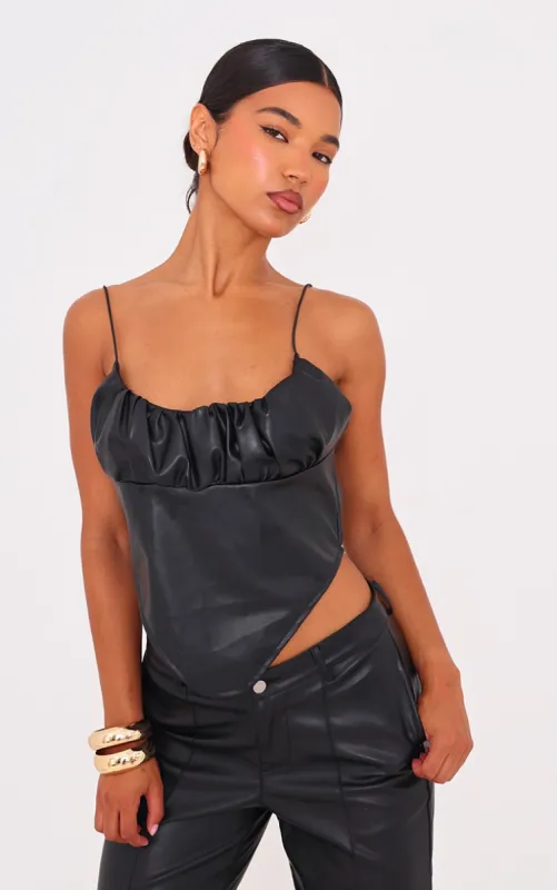 Black Faux Leather Ruched Bust Curve Hem Top sold by Pretty Little Thing