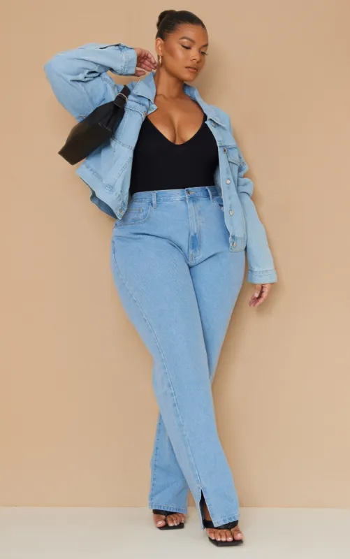 Plus Light Blue Wash Split Hem Jeans sold by Pretty Little Thing