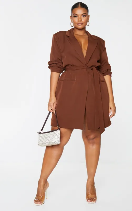 Plus Chocolate Tie Waist Blazer Dress sold by Pretty Little Thing