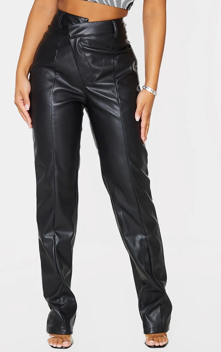 Petite Black Faux Leather V Front Straight Leg Trousers sold by Pretty Little Thing product image thumbnail 2