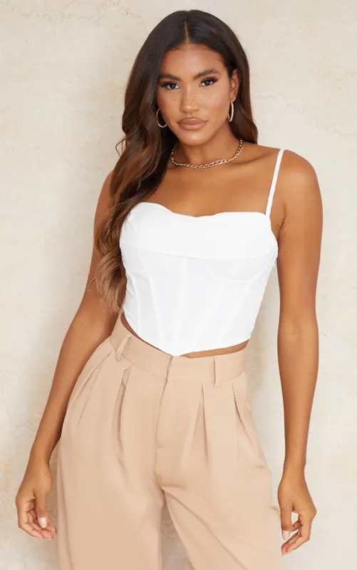 White Woven Cowl Neck Detail Strappy Dip Hem Corset sold by Pretty Little Thing
