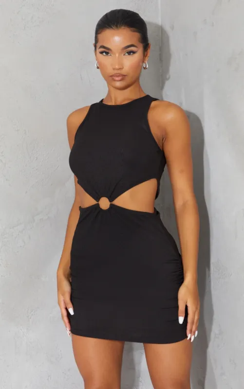 Black Ribbed Ring Detail Waist Cut Out Sleeveless Bodycon Dress sold by Pretty Little Thing