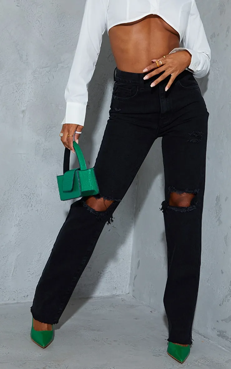 Washed Black High Rise Ripped Straight Leg Jeans sold by Pretty Little Thing product image thumbnail 2