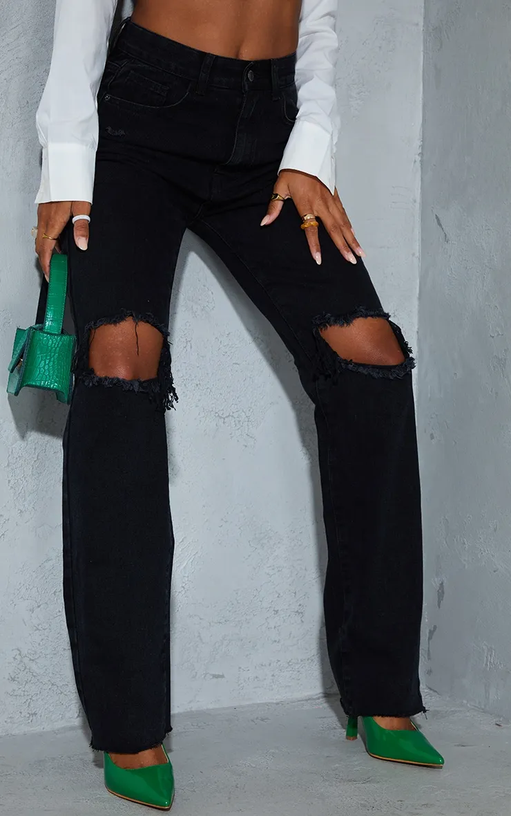 Washed Black High Rise Ripped Straight Leg Jeans sold by Pretty Little Thing product image thumbnail 4