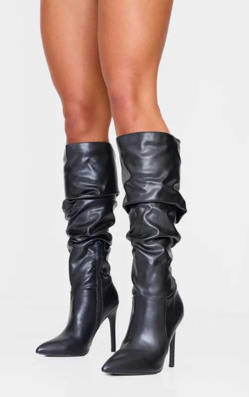 Black PU Point Toe Ruched High Stiletto Heeled Knee Boots sold by Pretty Little Thing