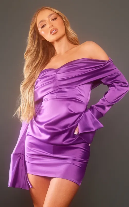 Purple Satin Bardot Ruched Long Sleeve Mini Dress made by Pretty Little Thing