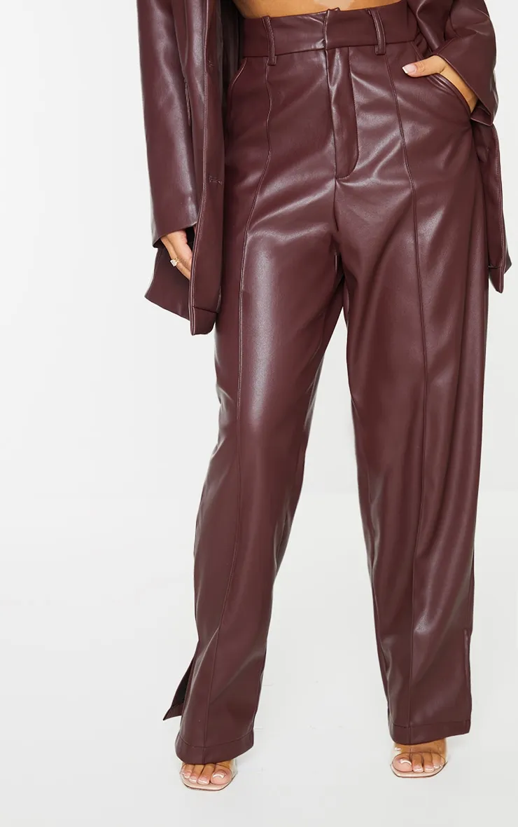 Petite Chocolate Faux Leather Pinktuck Detail Straight Leg Trousers sold by Pretty Little Thing product image thumbnail 2