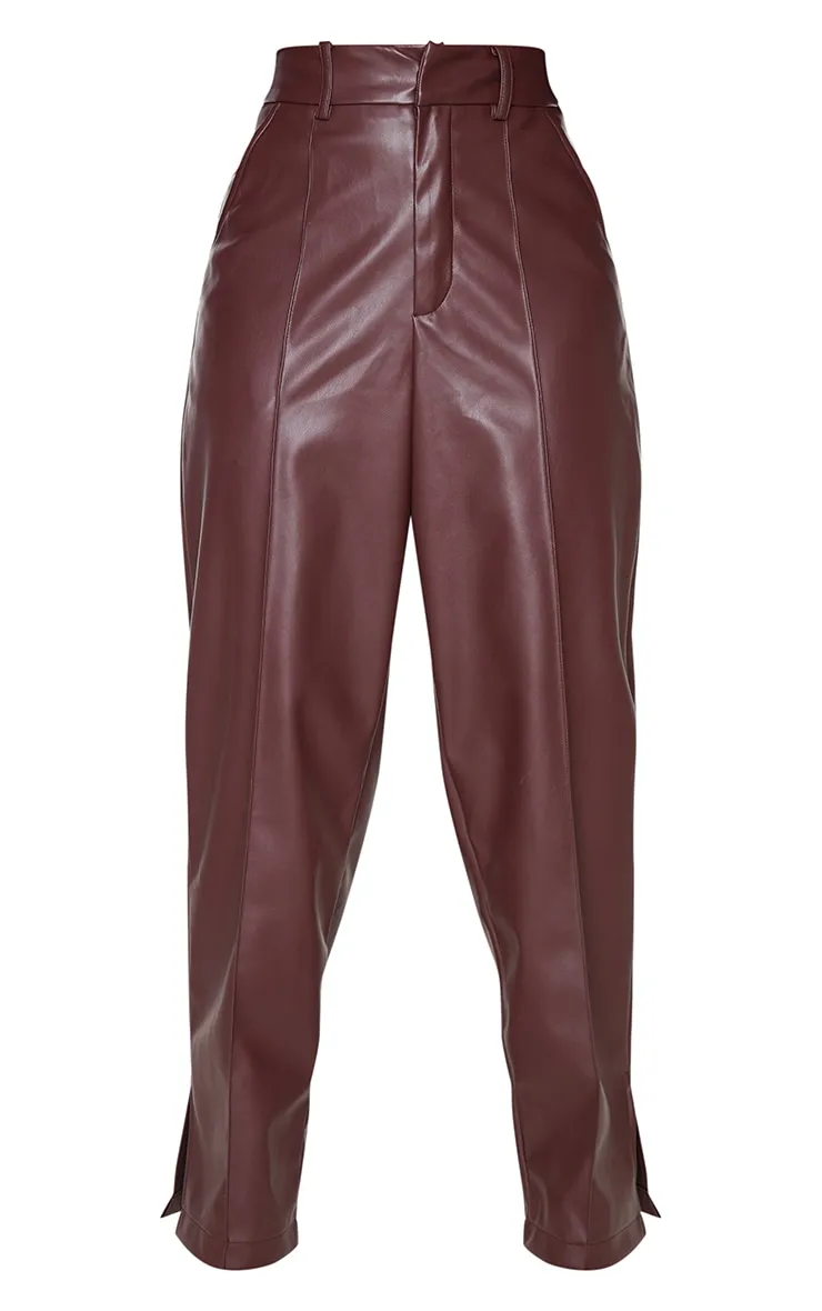 Petite Chocolate Faux Leather Pinktuck Detail Straight Leg Trousers sold by Pretty Little Thing product image thumbnail 5