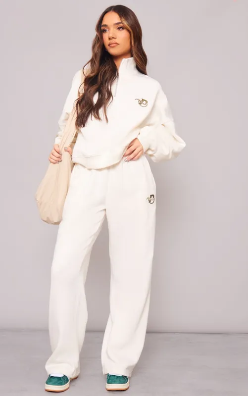 PRETTYLITTLETHING Cream Logo Embroidered Wide Leg Joggers sold by Pretty Little Thing