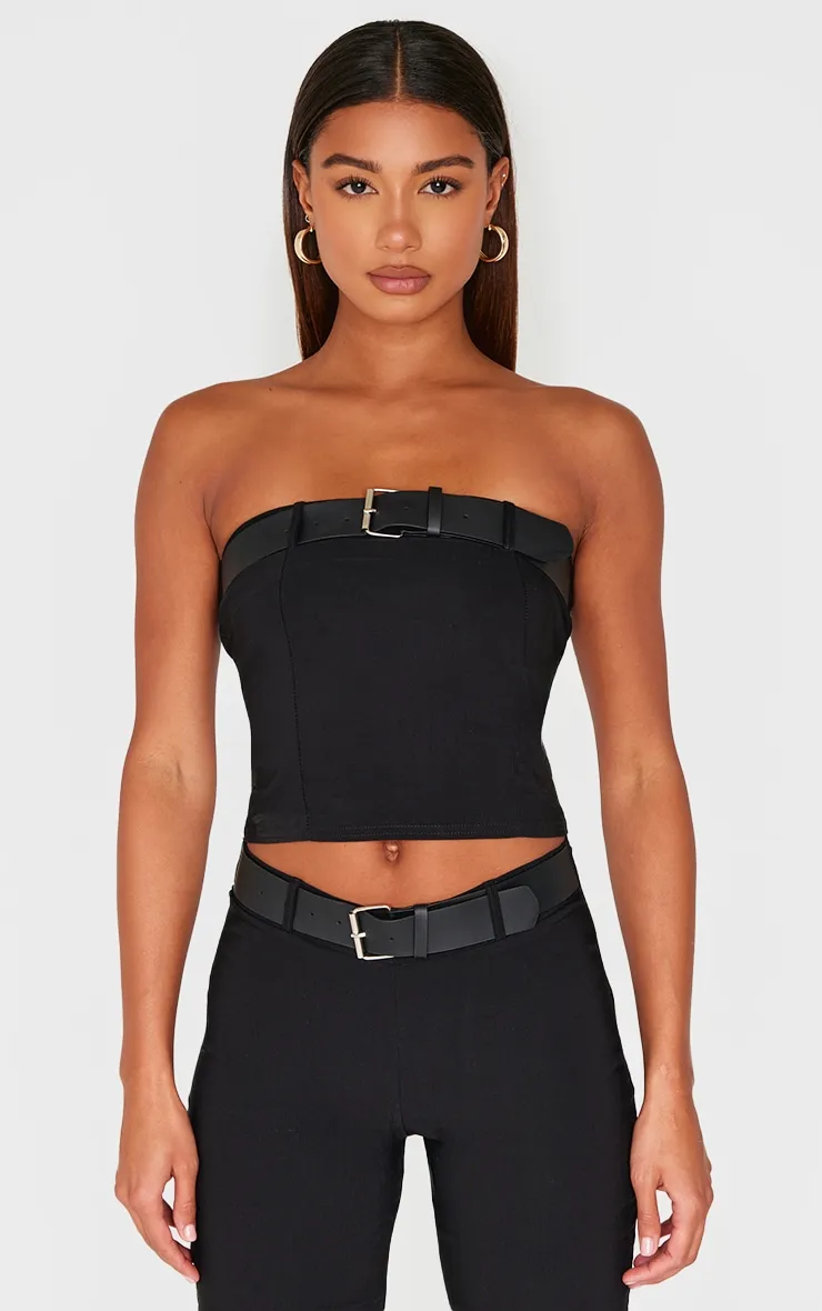 Black Woven Stretch Belted Bandeau Top sold by Pretty Little Thing
