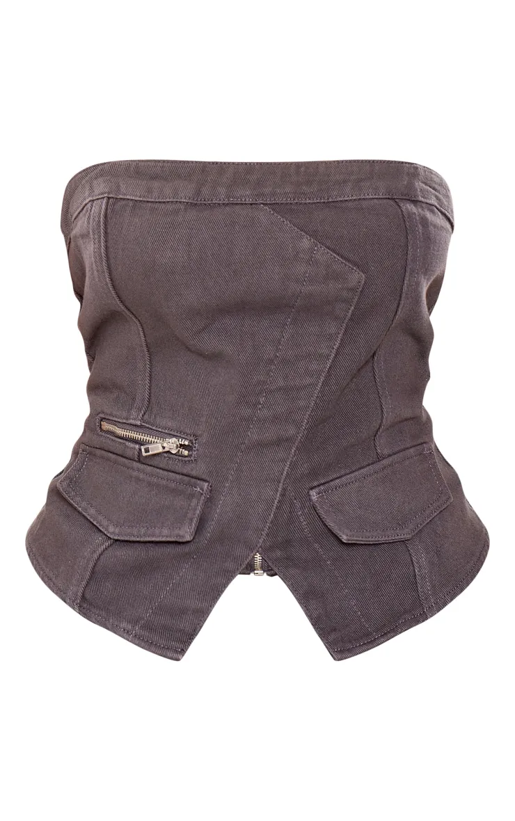 Shape Dark Grey Acid Wash Denim Zip Detail Bandeau Corset sold by Pretty Little Thing product image thumbnail 5