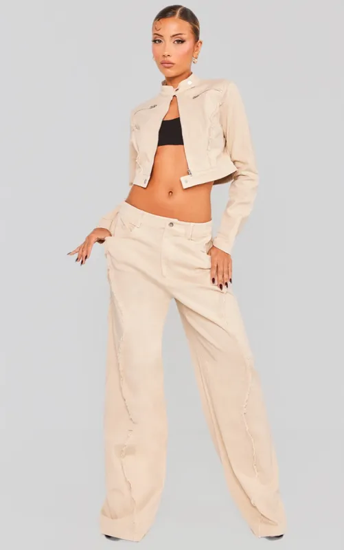  Stone Woven Twill Raw Edge Seam Detail Straight Leg Trousers sold by Pretty Little Thing