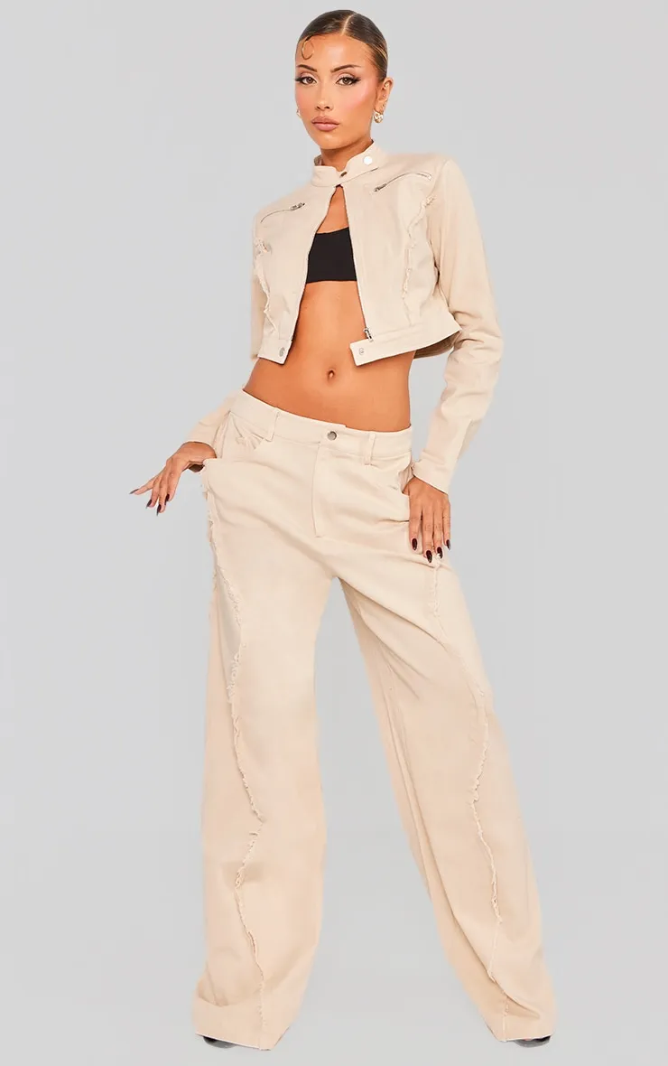 Stone Woven Twill Raw Edge Seam Detail Straight Leg Trousers sold by Pretty Little Thing