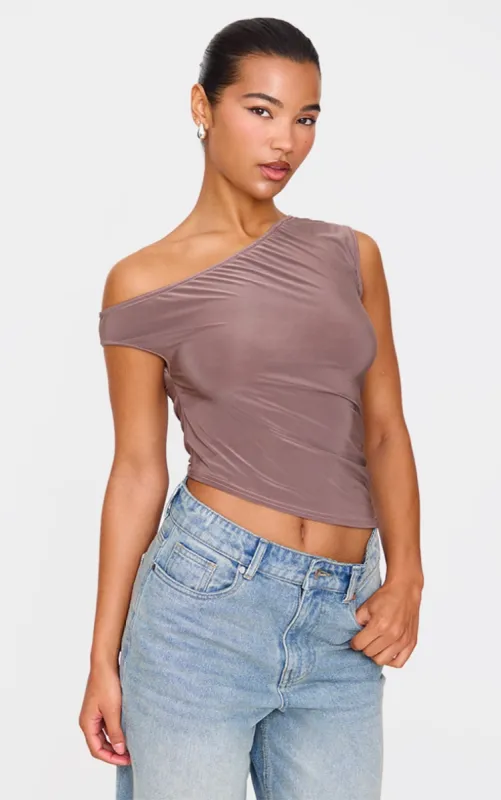 Light Brown Slinky Asymmetric Long Top sold by Pretty Little Thing