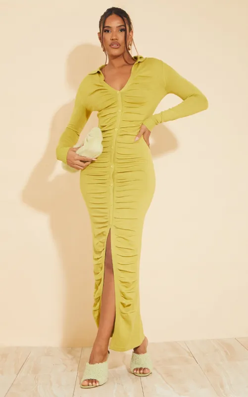 Olive Gather Detail Button Down Knit Midaxi Dress sold by Pretty Little Thing