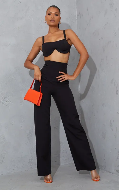 Black Woven Boned High Waist Straight Leg Trousers sold by Pretty Little Thing