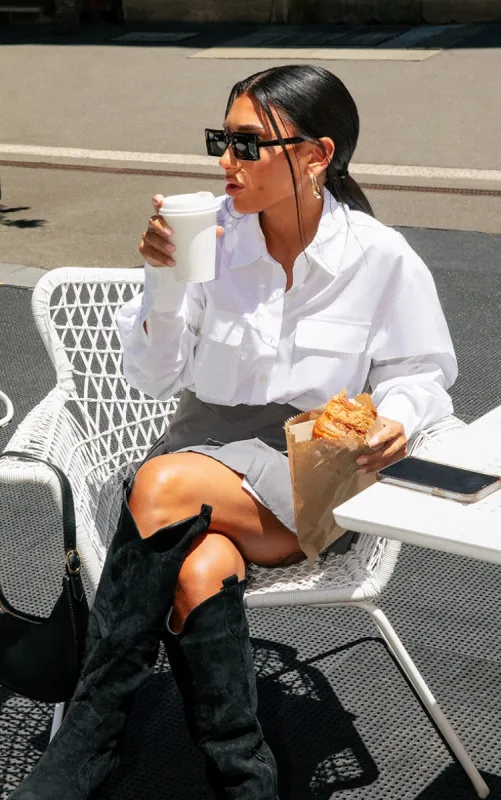 White Long Sleeve Pocket Detail Shirt Dress sold by Pretty Little Thing