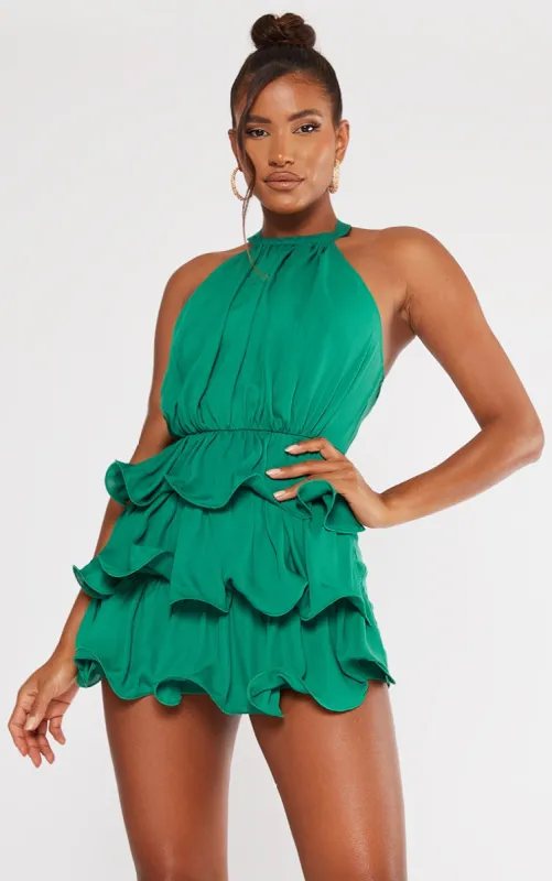 Green Tiered Frill Short Halterneck Playsuit sold by Pretty Little Thing