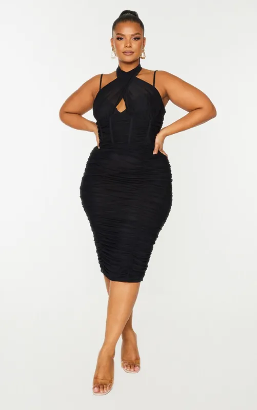 Plus Black Mesh Cross Front Corset Detail Midi Dress sold by Pretty Little Thing