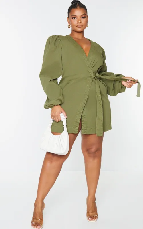 Plus Khaki Denim Puff Sleeve Wrap Dress sold by Pretty Little Thing