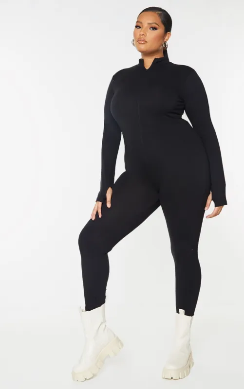 Plus Black Zip Up Long Sleeve Jumpsuit sold by Pretty Little Thing
