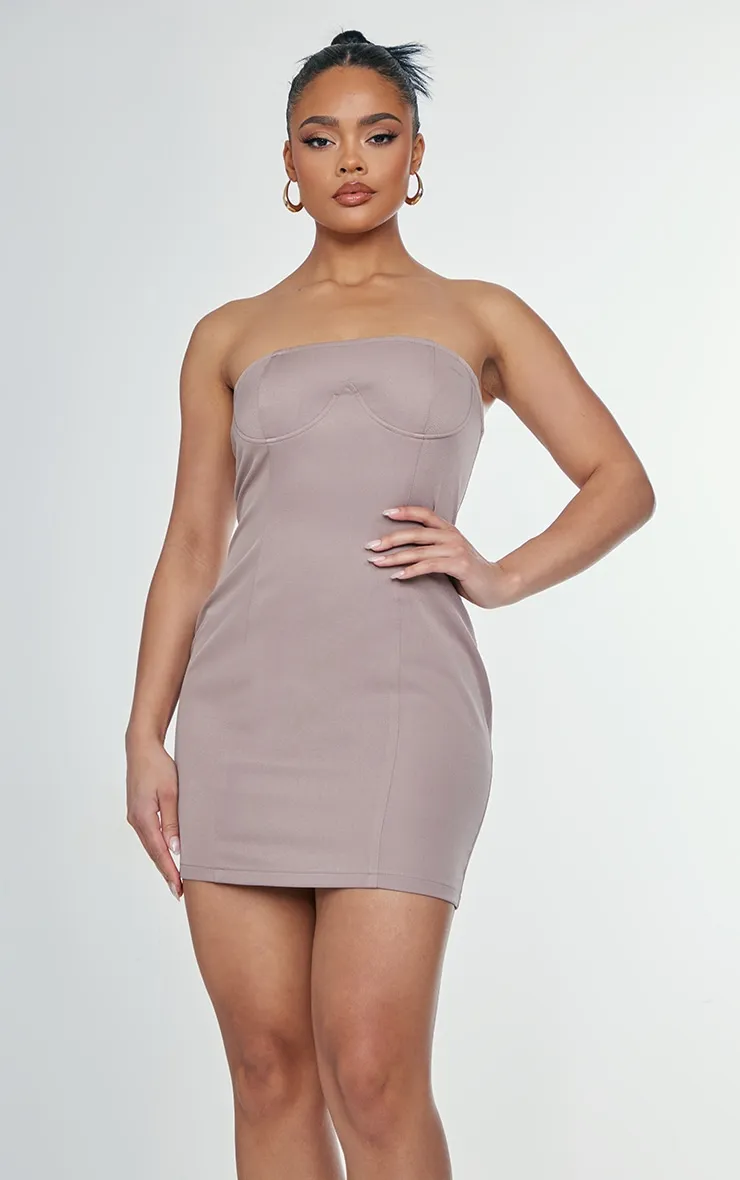 Taupe Woven Bandeau Under Bust Detail Bodycon Dress sold by Pretty Little Thing