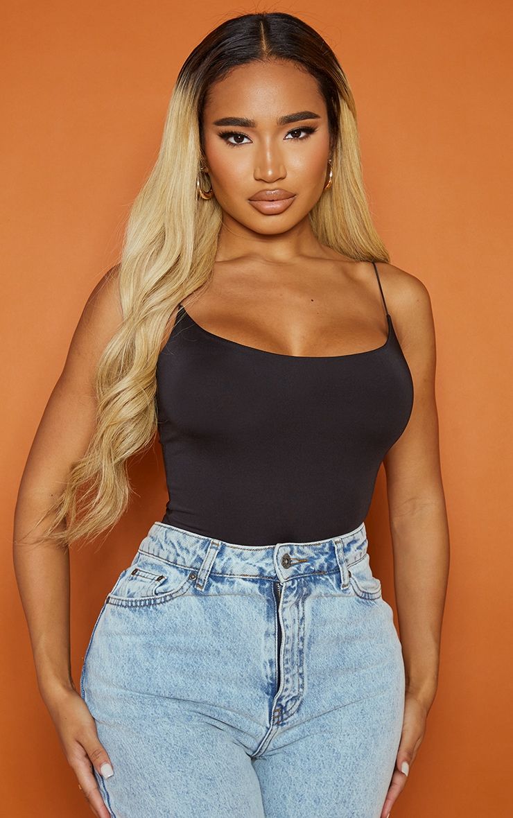 Shape Black Slinky Spaghetti Strap Bodysuit sold by Pretty Little Thing