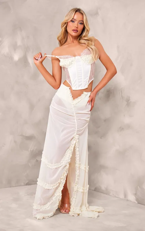  Cream Chiffon Ruffled Hem Detail Split Thigh Maxi Skirt sold by Pretty Little Thing