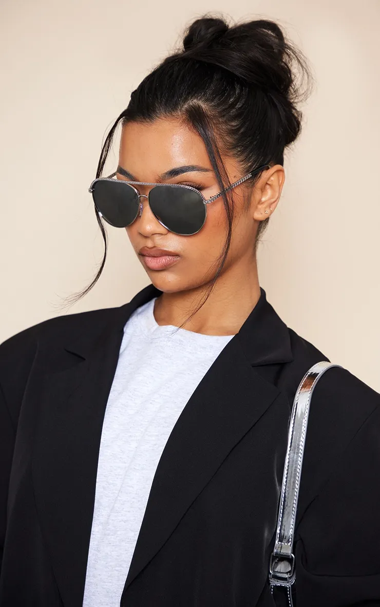 Silver Mirrored Metal Textured Top Aviator Sunglasses sold by Pretty Little Thing