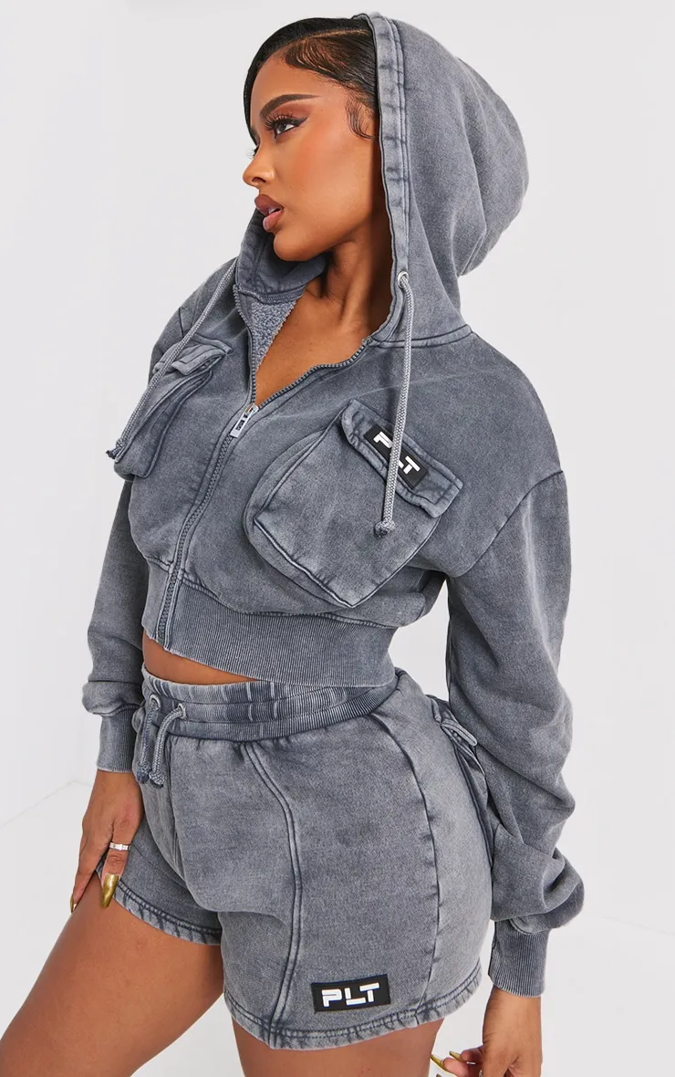 Shape Charcoal Washed Pocket Detail Cropped Hoodie sold by Pretty Little Thing