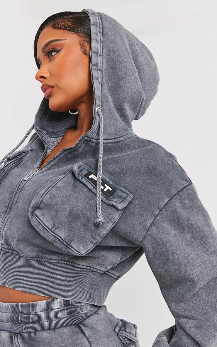 Shape Charcoal Washed Pocket Detail Cropped Hoodie sold by Pretty Little Thing product image thumbnail 4
