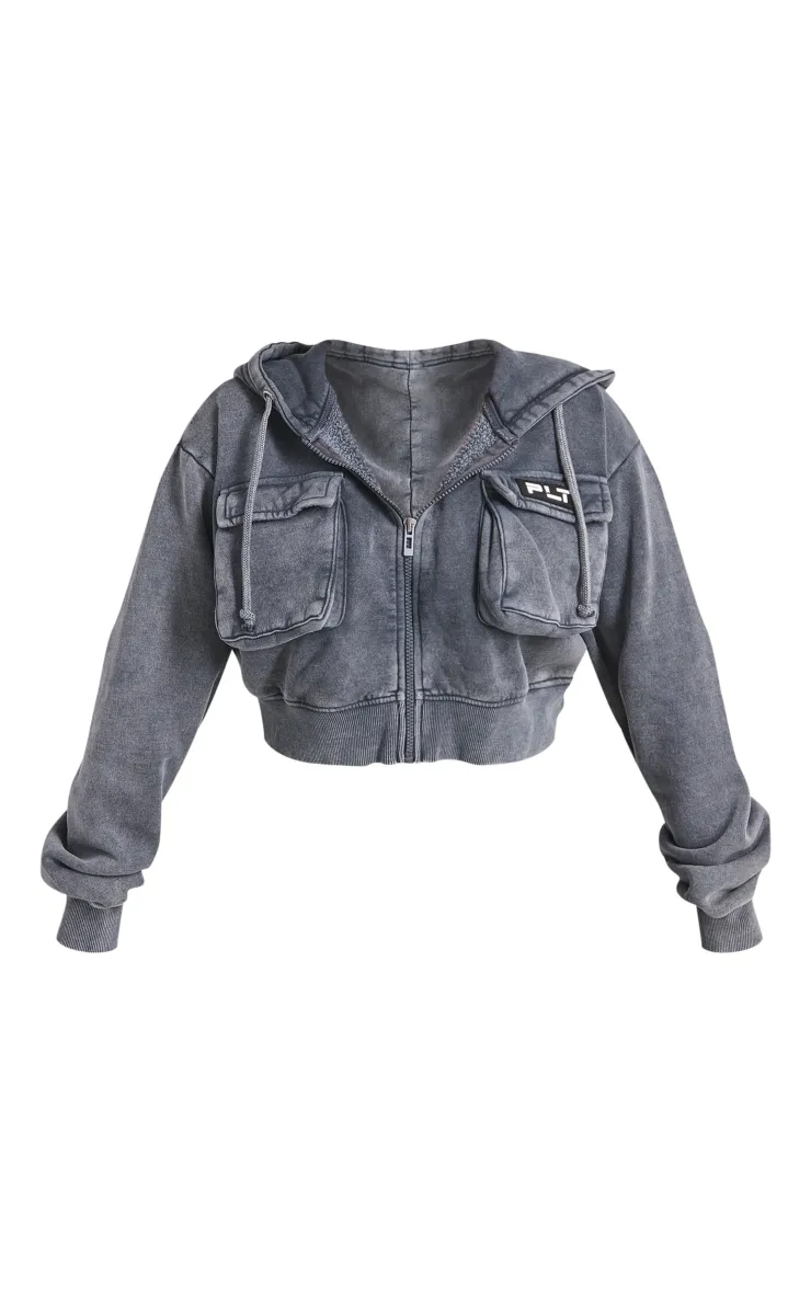 Shape Charcoal Washed Pocket Detail Cropped Hoodie sold by Pretty Little Thing product image thumbnail 5