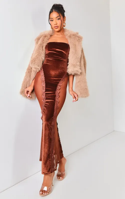 Chocolate Brown Lace Panel Velvet Bandeau Maxi Dress made by Pretty Little Thing
