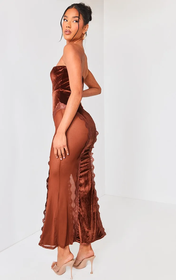 Chocolate Brown Lace Panel Velvet Bandeau Maxi Dress sold by Pretty Little Thing product image thumbnail 2