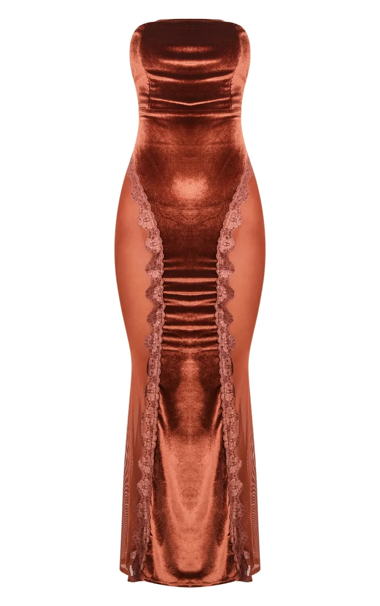 Chocolate Brown Lace Panel Velvet Bandeau Maxi Dress sold by Pretty Little Thing product image thumbnail 5