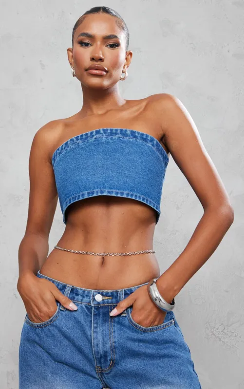 Mid Blue Wash Bandeau Crop Top sold by Pretty Little Thing