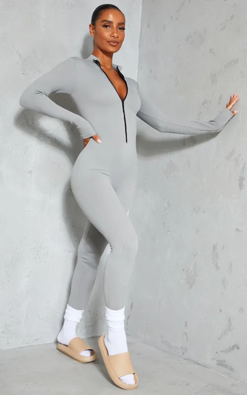 Grey Marl Structured Contour Rib Zip Jumpsuit sold by Pretty Little Thing