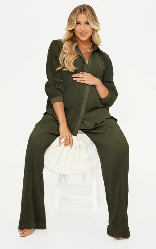 Maternity Olive Plisse High Waisted Wide Leg Trousers sold by Pretty Little Thing