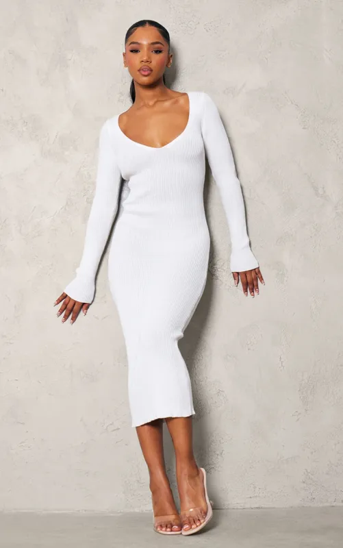 Cream V Neck Knit Midi Dress sold by Pretty Little Thing