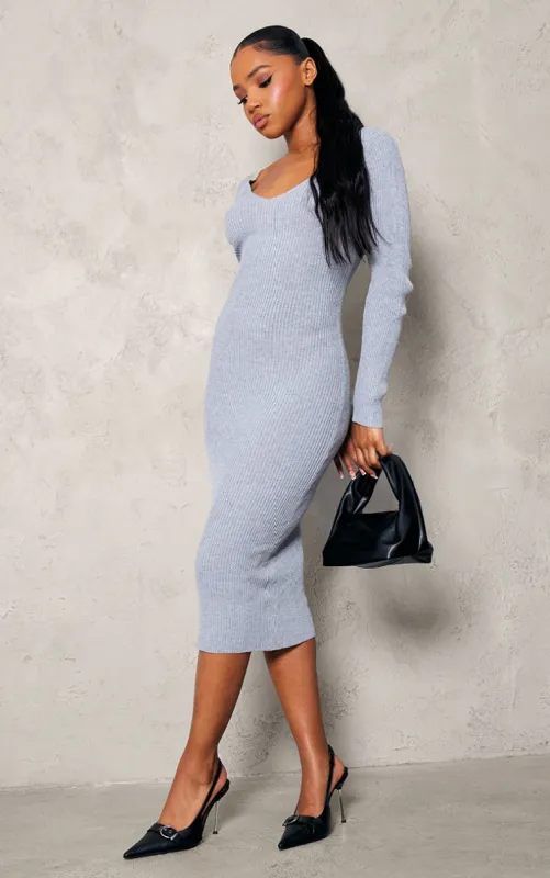 Grey V Neck Knit Midi Dress sold by Pretty Little Thing