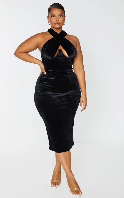 Plus Black Velvet Underwired Cross Front Midi Dress sold by Pretty Little Thing