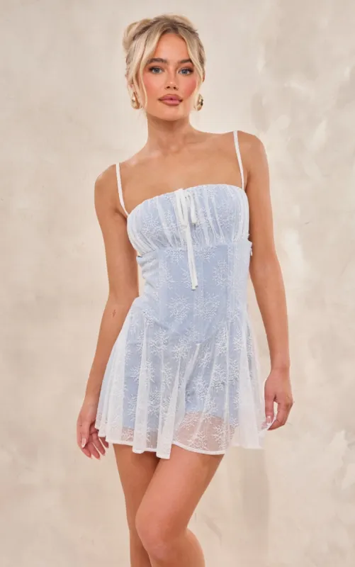 Dusty Blue Lace Detail Floaty Playsuit sold by Pretty Little Thing