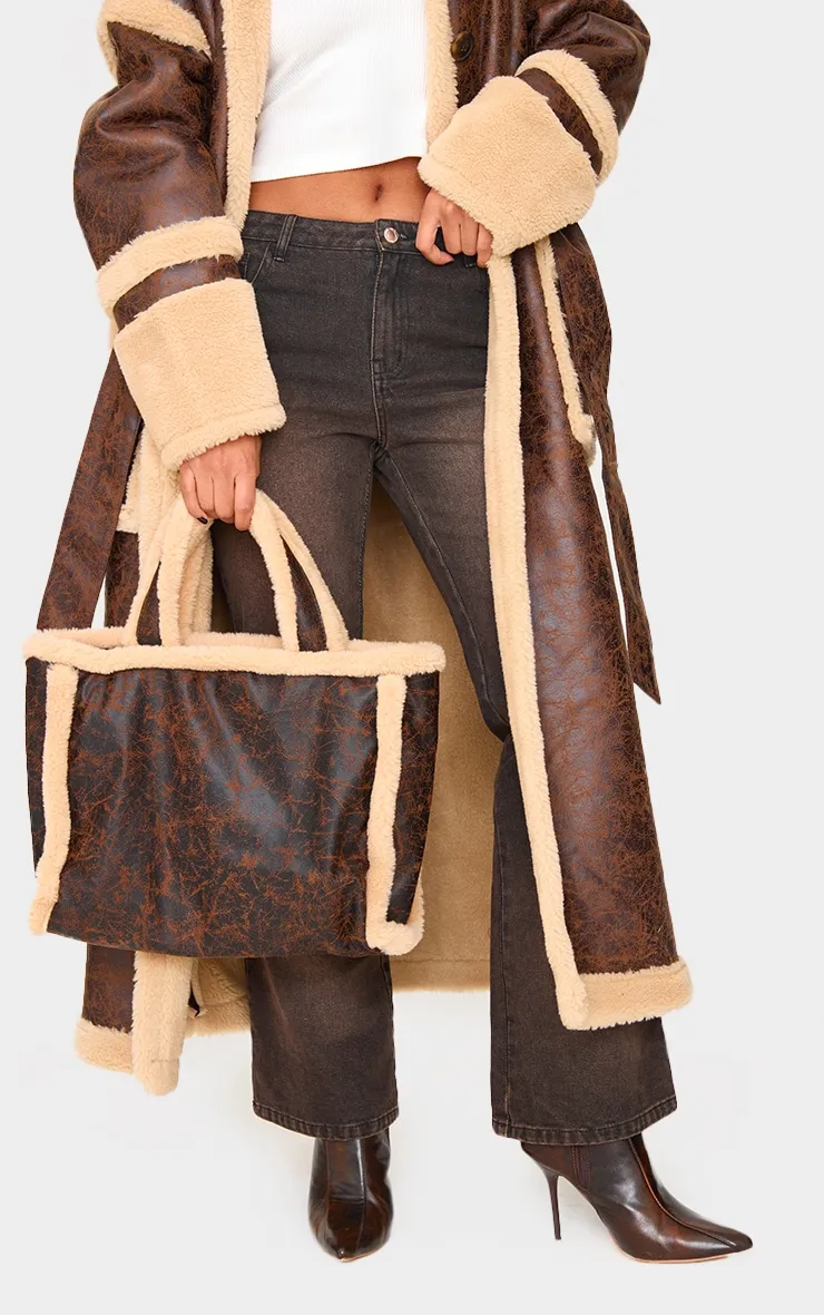 Brown Faux Leather Vintage Look Borg Tote Bag sold by Pretty Little Thing