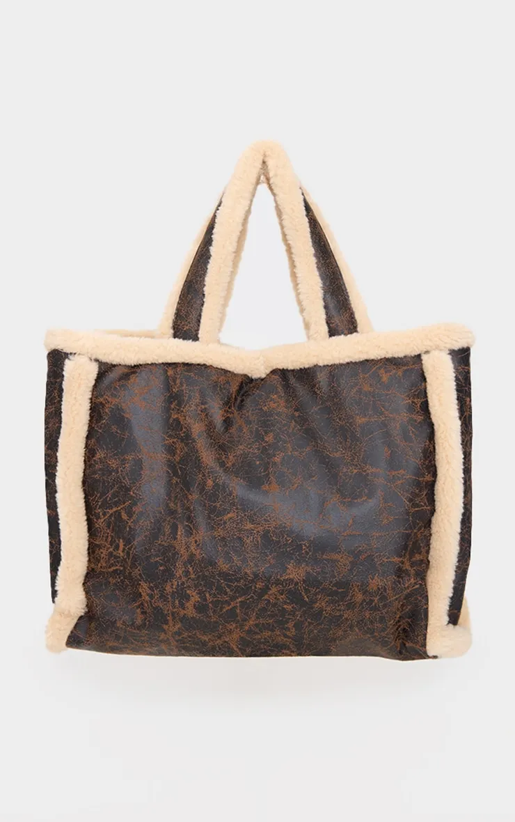 Brown Faux Leather Vintage Look Borg Tote Bag sold by Pretty Little Thing product image thumbnail 2