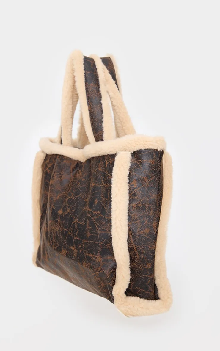 Brown Faux Leather Vintage Look Borg Tote Bag sold by Pretty Little Thing product image thumbnail 3