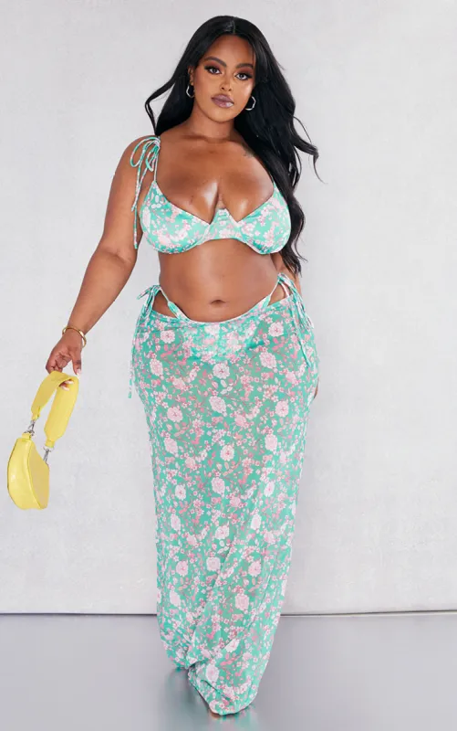 Plus Green Floral Chiffon Maxi Beach Skirt sold by Pretty Little Thing