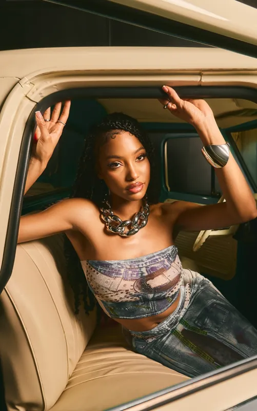 Blue Denim Printed Mesh Bandeau Crop Top sold by Pretty Little Thing