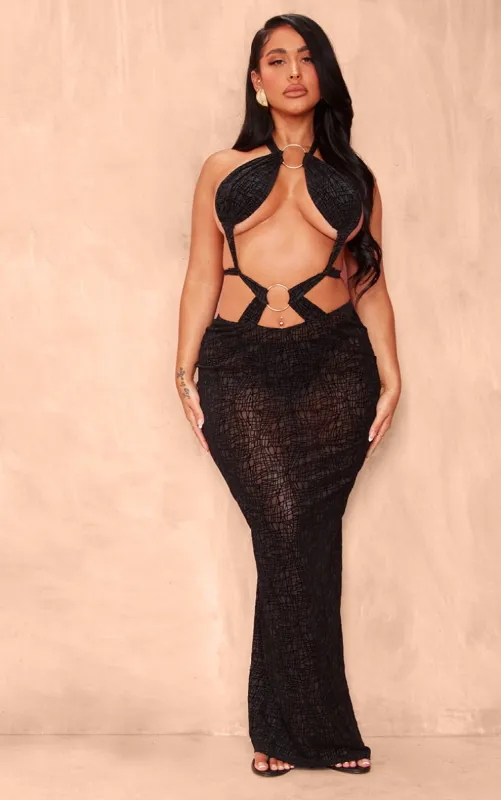 Shape Black Textured Sheer Halterneck Ring Detail Maxi Dress sold by Pretty Little Thing