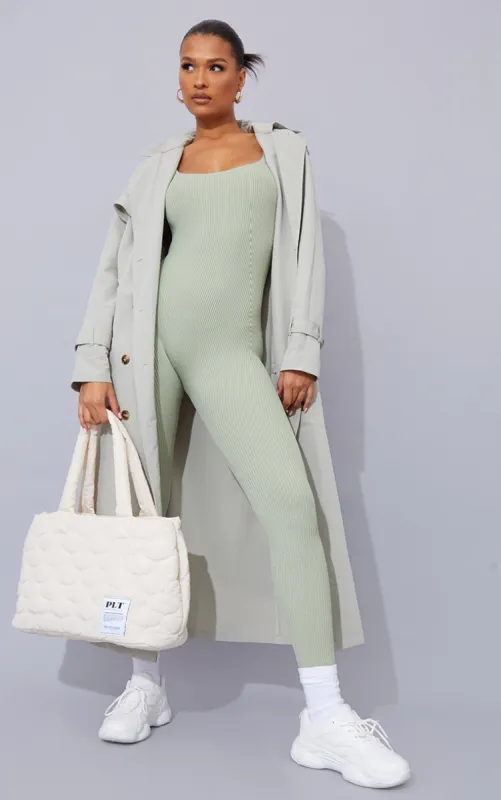 Sage Green Ribbed Knitted Strappy Jumpsuit sold by Pretty Little Thing