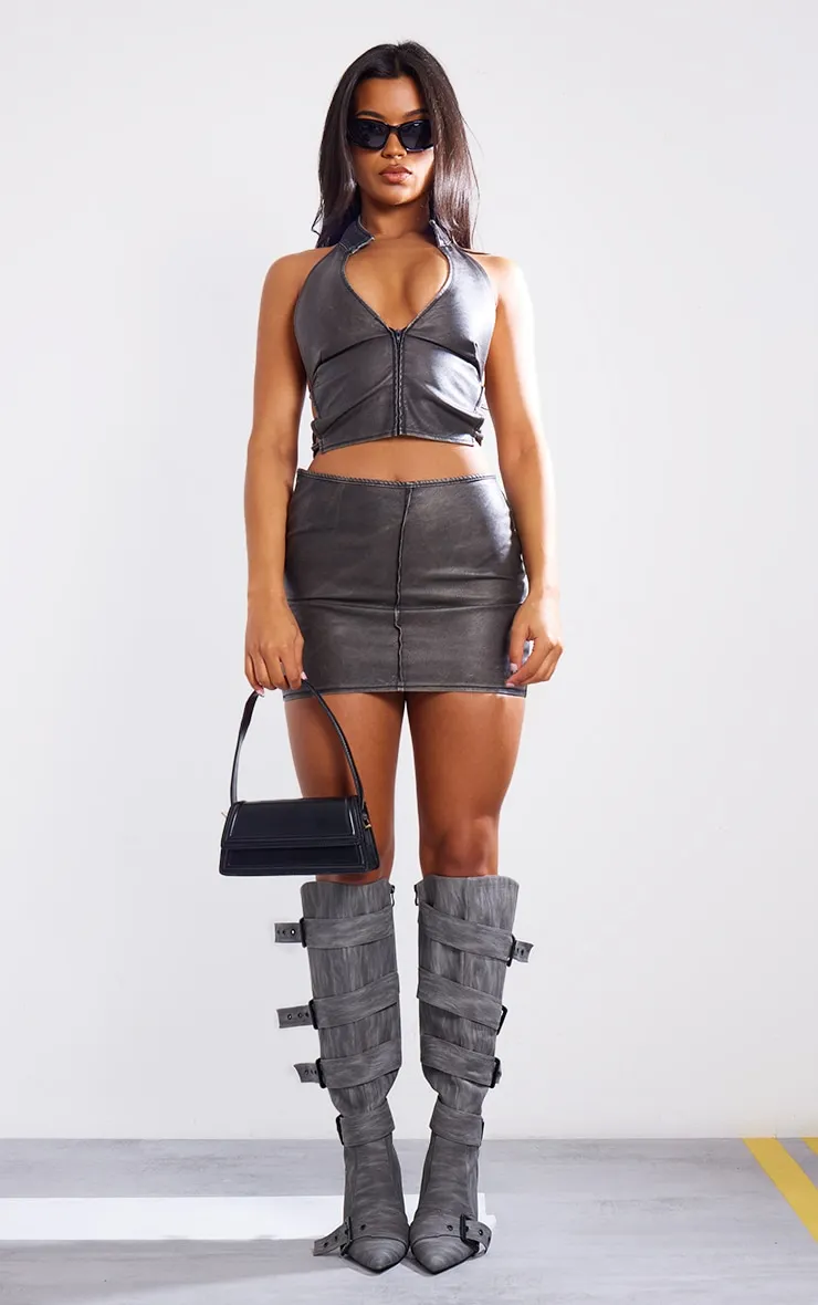 Premium Black Washed Faux Leather Seam Detail Low Rise Micro Mini Skirt sold by Pretty Little Thing